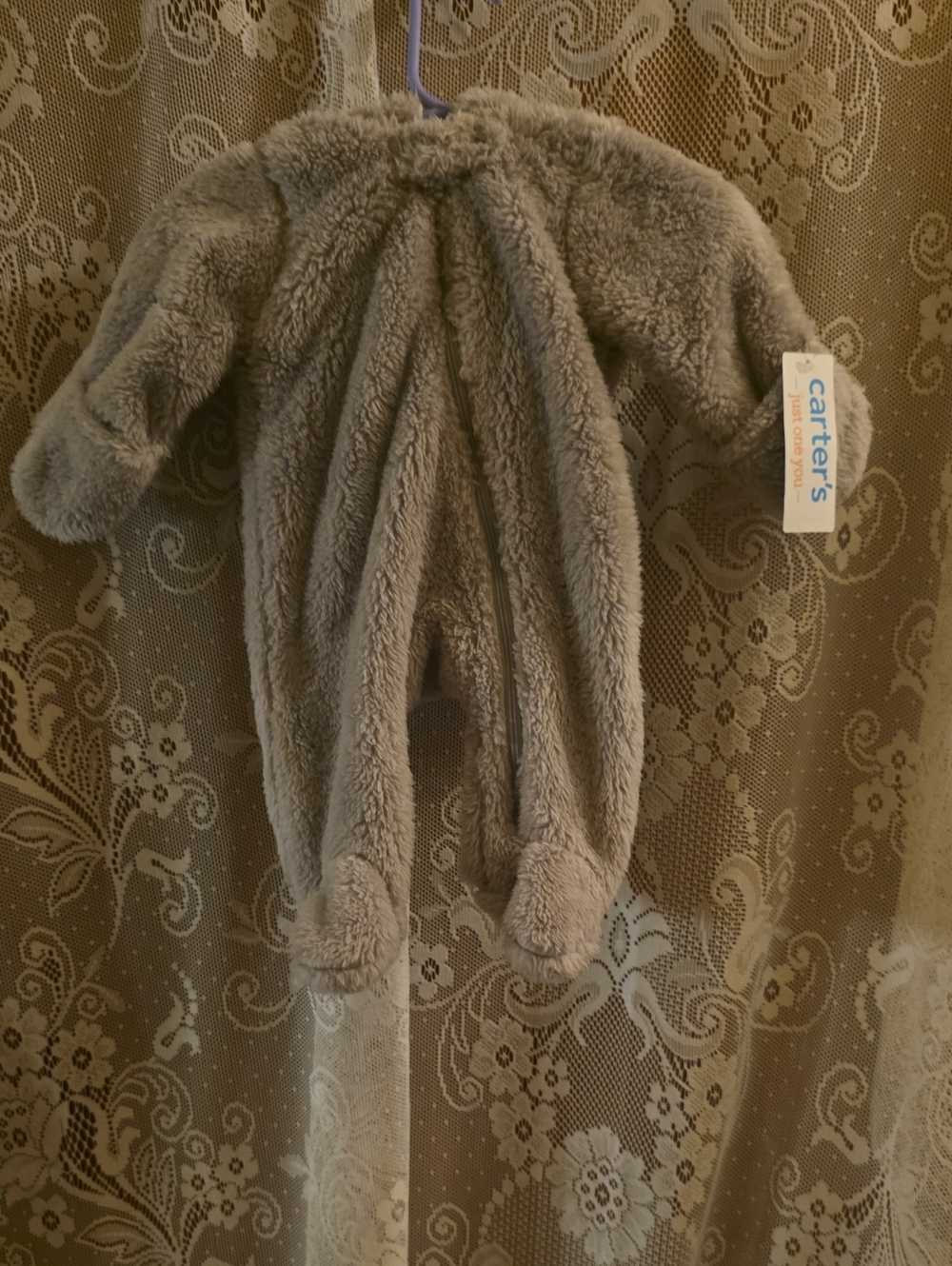 New Carter's Newborn Gray Fuzzy Plush Zip Front Warm One Piece Hooded Snow Suit